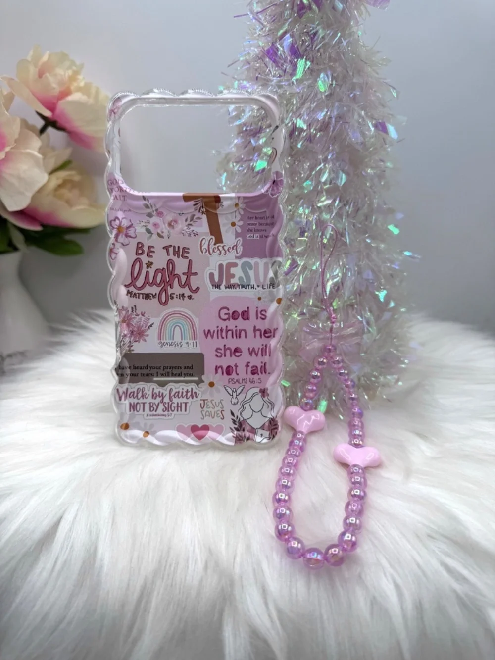 Faith Themed iPhone 17 Pro Max Case with pink Beaded Strap